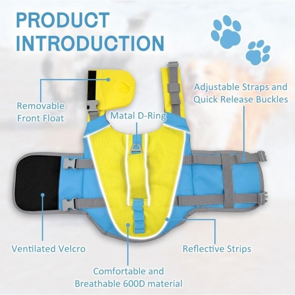 Dog Life Jacket with Removable Front Float & Handle, Adjustable Vest, Yellow, XL - Picture 2 of 6